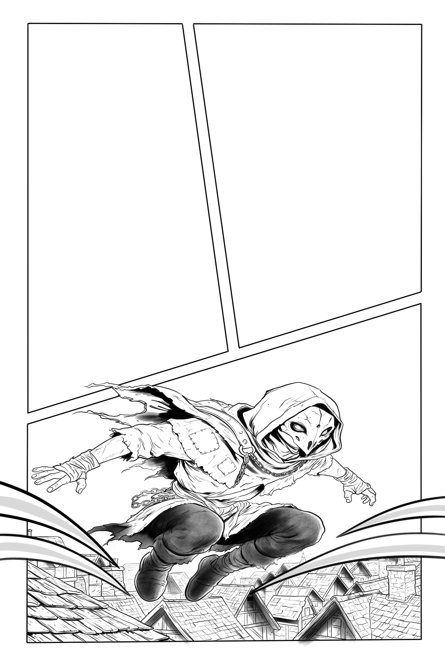 An unfinished manga page with two empty upper panels and Rook leaping across the lower panel.
