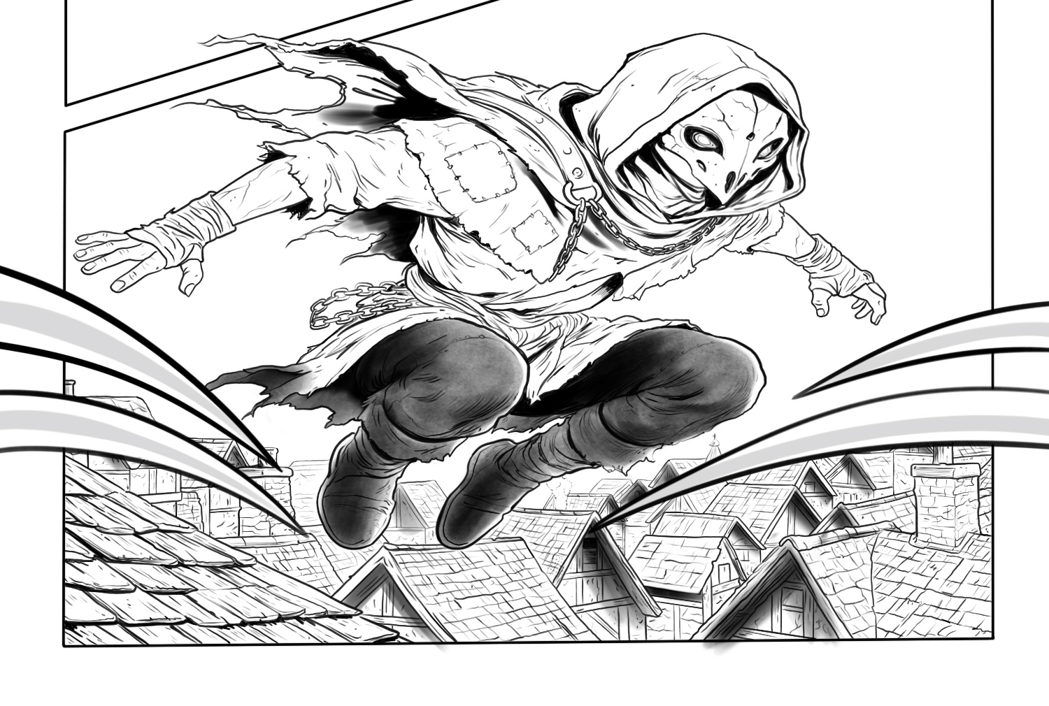 Rook leaps above the rooftops, his patched cloak trailing behind him.
