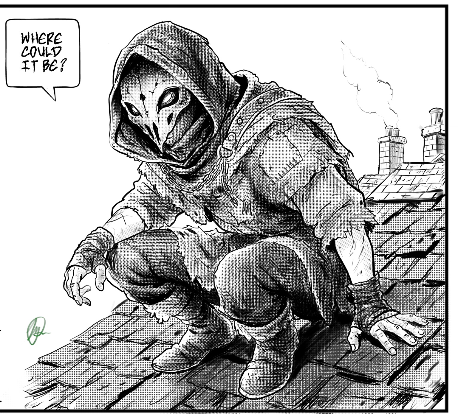 Rook, a masked and hooded thief, crouches on a tiled rooftop. A speech bubble reads: Where could it be?