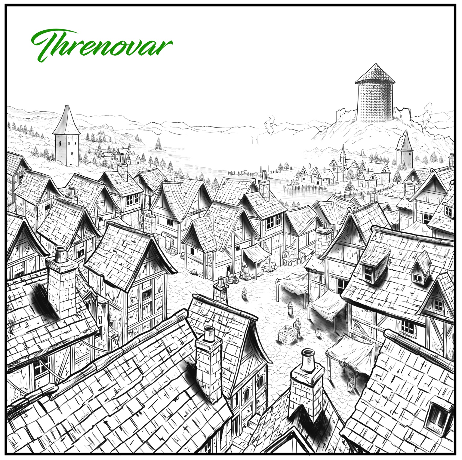 Ty Riley’s drawing of Threnovar: medieval rooftops, a cobbled market square, water, and a hilltop tower.